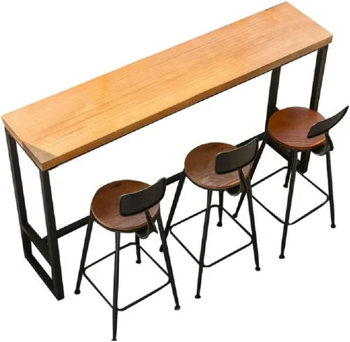 Vista 9 de Mesa de bar de madera, mesa de comedor industrial de madera de pino con base de caballete en negro