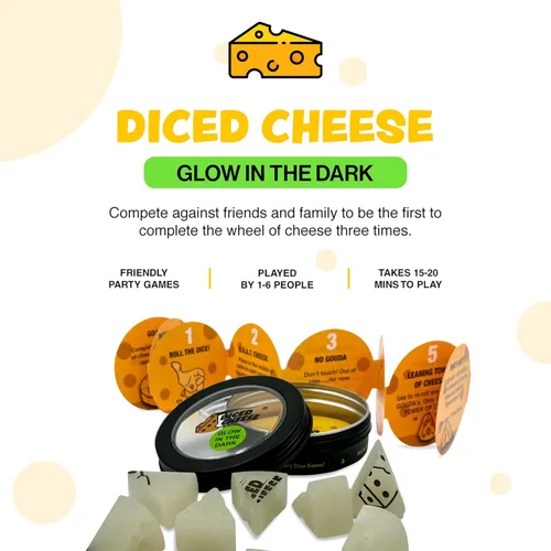 Vista 2 de Diced Cheese Glow-in-the-Dark - Divertido y adictivo juego de dados para mayores de 15 años - Conquista las torres inclinadas del queso - No se