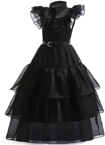 Vista 2 de Wednesday Addams - Vestido de Merlina para niñas, disfraz de Halloween con guantes, cinturón y calcetines, vestido de fiesta de cosplay familiar
