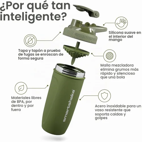 Vista 4 de Smartshake Reforce - Botella mezcladora de proteínas de acero inoxidable, sin aislamiento, unisex, para gimnasio, botellas agitadoras de metal, 30.4
