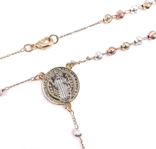 Vista 5 de Catholic Rosary Beads Necklace Silver Rose and Gold Tone Tricolor Ball Chain