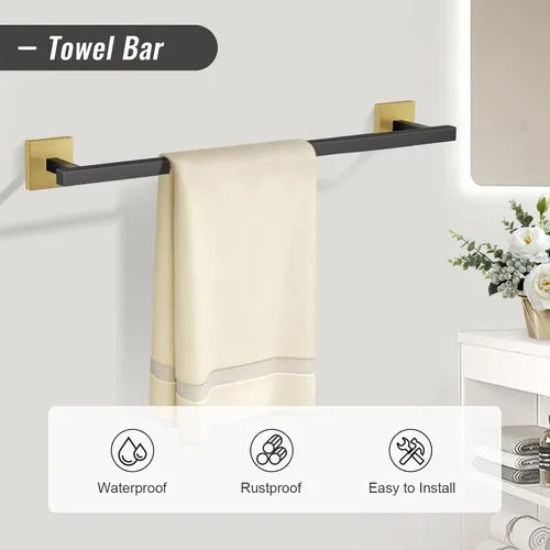 Vista 2 de YACVCL Juego de Barra de Toallas, Juego de 5 Piezas de Accesorios de Baño Negro y Dorado, Juego de Accesorios de Baño Negro y Dorado, Soporte