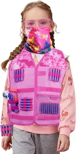 Vista 6 de Kit de chaleco táctico para niñas con lanzador - Chaleco táctico rosa para niñas compatible con Nerf Rebelle N-Strike Dardos morados Gafas