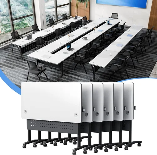 Vista 23 de Mesa de conferencias plegable con ruedas, mesa modular para sala de conferencias con 2 ojales para cables, mesas móviles de sala de reuniones