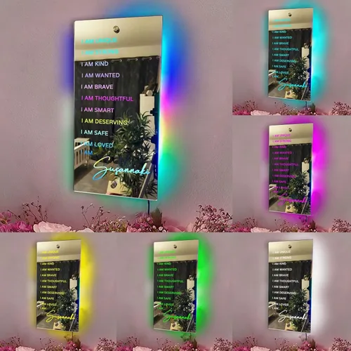 Vista 2 de Espejo de luz LED de neón personalizada de Affirmations "I Am - Decoración de pared con nombre personalizado para dormitorio, espejo LED