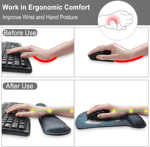 Vista 5 de Alfombrilla ergonómica para mouse y reposamuñecas para teclado, soporte de muñeca con base de goma antideslizante + posavasos para computadora