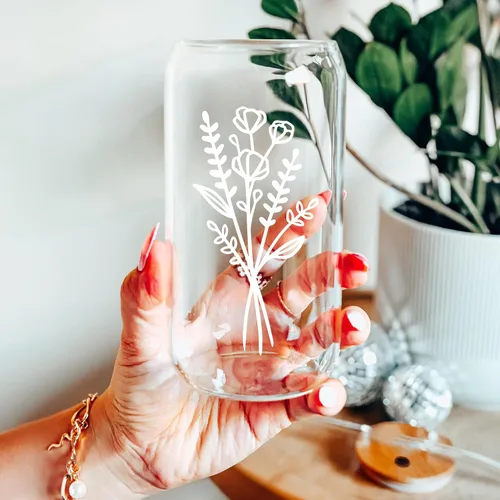 Vista 2 de Bonitas tazas de vidrio con tapas y pajitas, taza de café helado estética, tazas de flores, vaso personalizado con pajilla, regalos de cumpleaños