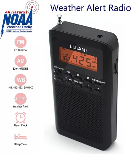 Vista 2 de NOAA Weather AM FM Radio portátil operada por 2 pilas AA con auriculares estéreo, reloj despertador digital temporizador de sueño, mejor recepción