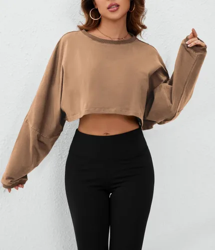Vista 2 de SAFRISIOR Camiseta corta de manga larga de gran tamaño para mujer, cuello redondo, hombros caídos, camiseta corta casual para entrenamiento