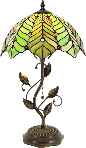 Vista 6 de Tiffany Table Lamp Stained Glass Bedside Reading Light W12H19 inch Brown Green Leaf Style Stained Glass Desk Light Pull Chain Switch Metal Leaf