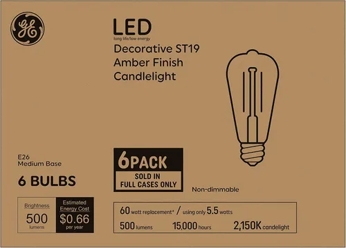 Vista 2 de GE Bombillas LED de estilo vintage, 60 vatios, acabado ámbar, bombillas estilo Edison ST19 (paquete de 6)