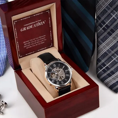 Vista 2 de Reloj calado para hombre con tarjeta de mensaje especial, regalo de graduación, hijo, nieto, hermano, primo, sobrino, novio, regalo de felicitación