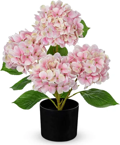 Vista 9 de Hollyone Flores artificiales de hortensias azules en maceta, flores grandes de seda de tres cabezas, arreglos florales falsos para interiores