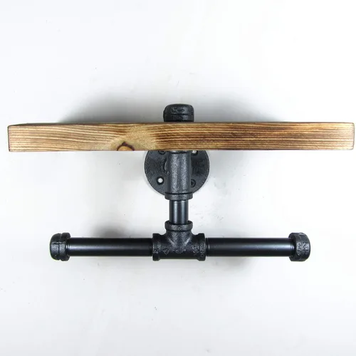 Vista 4 de Estante de almacenamiento de madera industrial urbano para montaje en pared, tubo de hierro, doble soporte de papel higiénico, rodillo