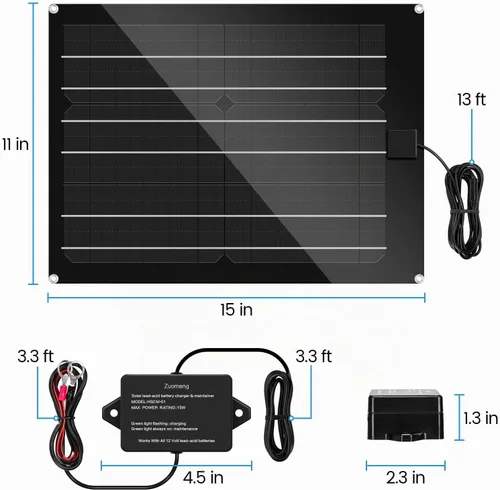 Vista 5 de Cargador de Batería Solar y Mantenedor, Kit de Panel Solar Zuomeng de 15W para Remolque de Volcado con Pulso de Mantenimiento Integrado