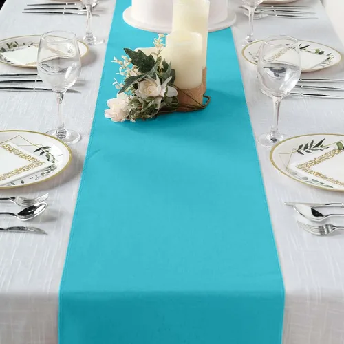 Vista 26 de Efavormart - Camino de mesa de poliéster de alta calidad azul claro para bodas, fiestas de cumpleaños, banquetes, decoración, ajuste rectangular