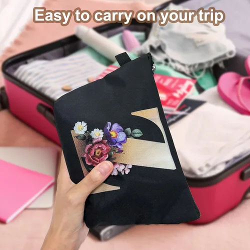 Vista 3 de CTNUOBEE Bolsa de comestic con letras del alfabeto dorado con bolsa de maquillaje de flores, bolsa de viaje portátil con cremallera, bolsa de aseo