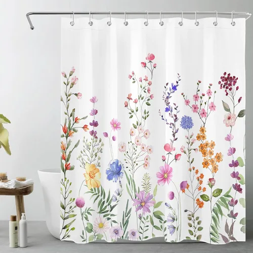Vista 16 de Cortina de ducha con diseño bohemio de plantas y flores de acuarela sobre fondo beige, cortina de ducha de baño con hojas naturales, cortina