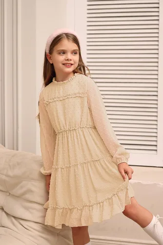 Vista 2 de GRACE KARIN Vestido escalonado con volantes para niñas, vestido acampanado de manga larga con lunares suizos, 6-12 años