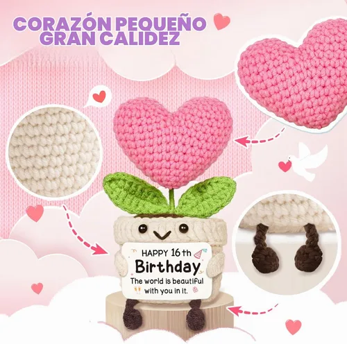 Vista 5 de Regalos de cumpleaños número 16 para niñas, flor de corazón rosa de ganchillo hecha a mano, regalos de dulces 16 para niñas, decoraciones