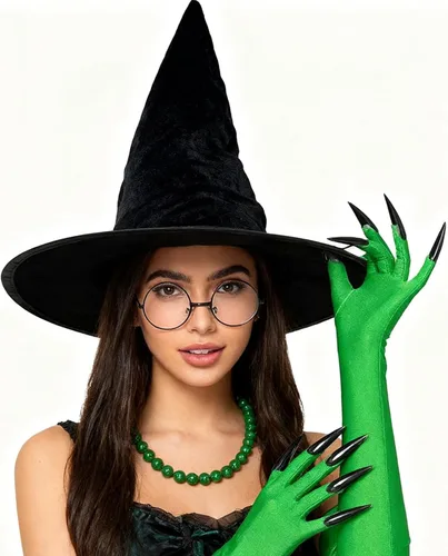 Vista 6 de Sombrero de bruja de Halloween, disfraz de bruja, gafas con guantes para mujer, accesorios de cosplay de película de Halloween, suministros
