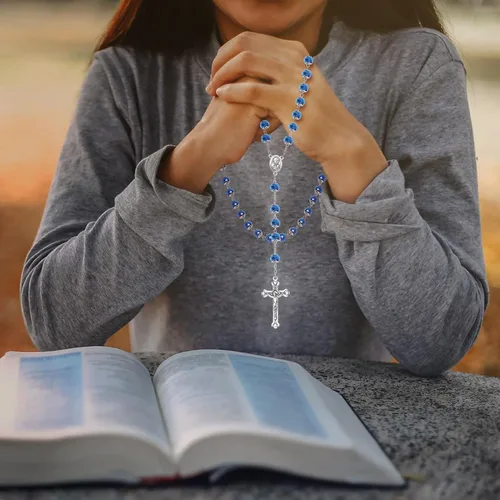 Vista 12 de KOMI Rosario de cuentas católicas para mujer, collar de cuentas de rosario con cruz de crucifijo, perlas de cristal, rosario, rosarios, católicos