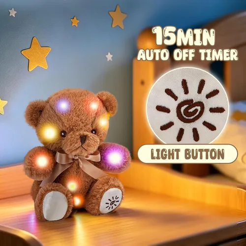 Vista 4 de BSTAOFY Oso de peluche con luz marrón, oso de peluche brillante, juguete de peluche suave para niñas y niños, regalos de cumpleaños, 8 pulgadas