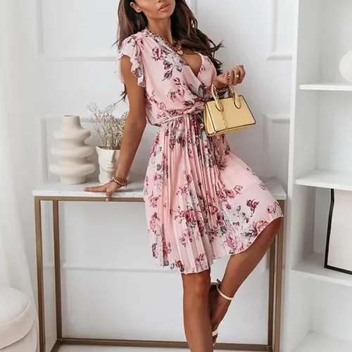 Vista 3 de FOVIGUO Vestido holgado de gasa con volantes para mujer, vestido envolvente con lazo en la cintura, elegante, vestido de fiesta de cóctel
