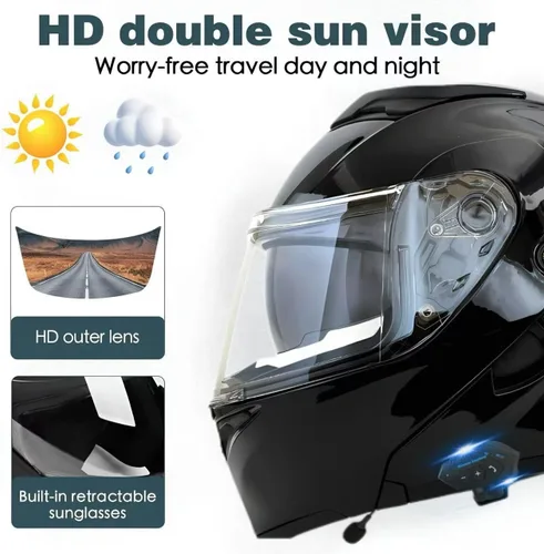 Vista 4 de Casco modular Bluetooth para motocicleta, aprobado por DOT, de cara completa con visor abatible, de doble visera, con altavoces duales y micrófono