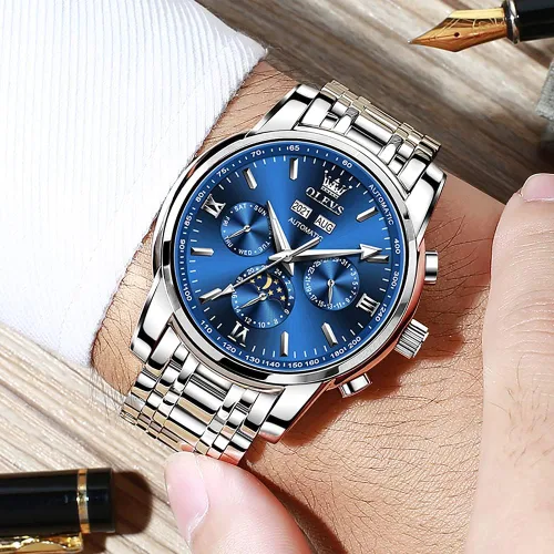 Vista 3 de OLEVS Automatic Mechanical Watches for Men Self Winding no Battery Stainless Steel Strap Luxury Moon Phase Luminous Waterproof Wrist Watch