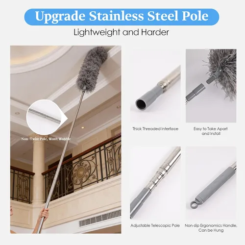 Vista 4 de Kit de plumero de microfibra con poste de extensión, 7 piezas lavables y reutilizables para limpieza, plumero largo extensible de 100 pulgadas