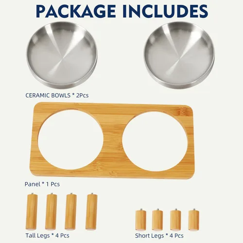 Vista 7 de DoogCat Cuencos elevados para gatos de interior – Mesa elevada de bambú para gatos con 2 platos de acero inoxidable, altura ajustable