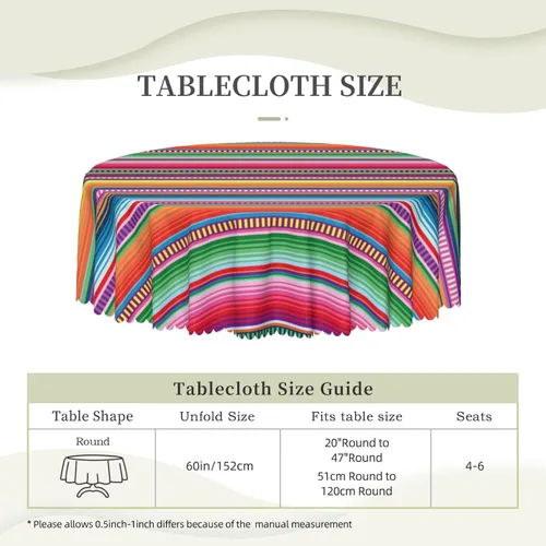 Vista 6 de Mantel redondo a rayas mexicanas de 60 pulgadas, mantel étnico, resistente a las manchas, impermeable, a prueba de derrames, mantel de poliéster