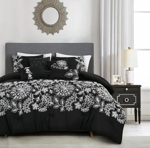 Vista 20 de ESCA Juego de edredón floral morado Queen - 7 piezas de ropa de cama botánica ciruela malva