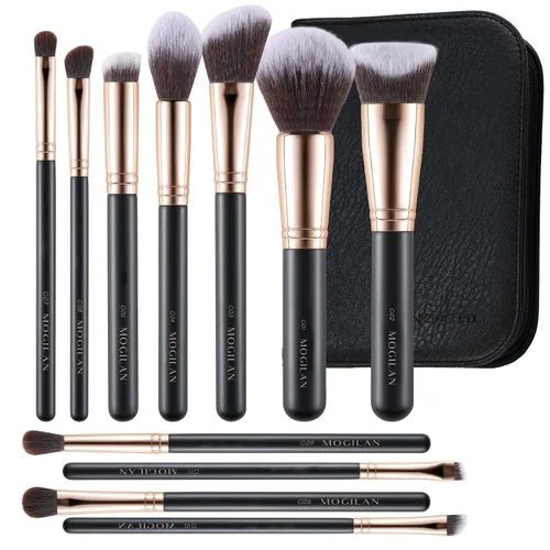 Vista 8 de Juego de brochas de maquillaje con estuche de viaje negro, base sintética suave de alta calidad, pinceles de contorno y sombra de ojos para mezcla