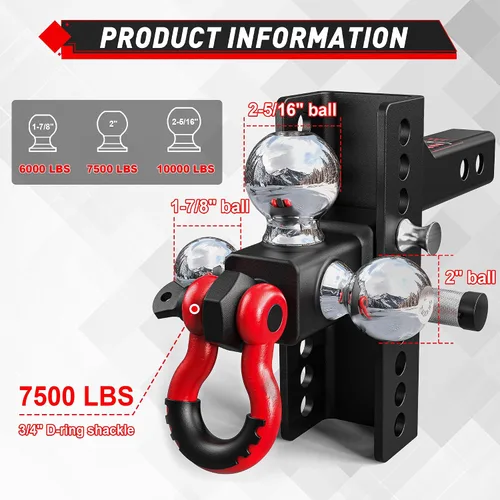 Vista 3 de TYT - Enganche de remolque ajustable de tres bolas para receptor de 2 pulgadas, caída/elevación de 4.5", bolas triples (1-7/8", 2", 2-5/16")