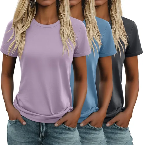 Vista 19 de Huukeay Paquete de 3 camisetas de algodón para mujer, estilo casual, de manga corta, cuello redondo, ajuste holgado, básica, lisa