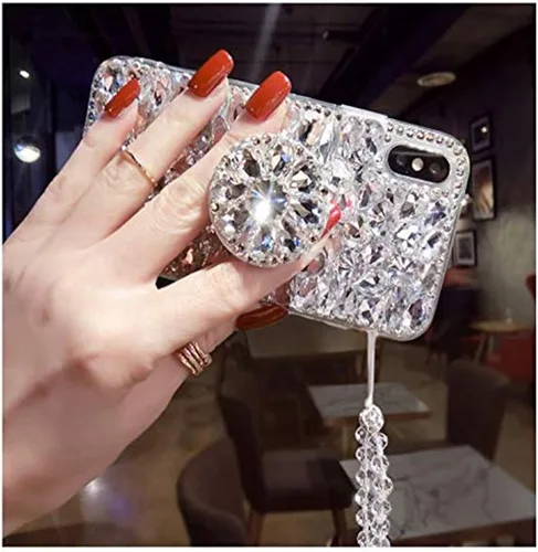 Vista 4 de Aikukiki Funda para Samsung Galaxy A52 5G, funda con función atril de diamante, 3D hecha a mano Bling Diamond Glitter Phone Case (blanco)