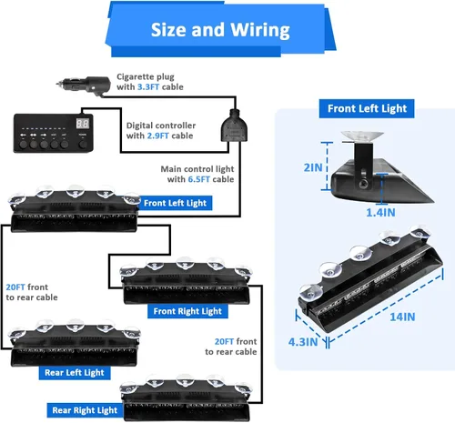 Vista 13 de Wsays 4 piezas, 16 LED, 5,1 cm x 35,6 cm, luz estroboscópica blanca y ámbar para salpicadero con controlador, arnés de cableado y ventosa, barra