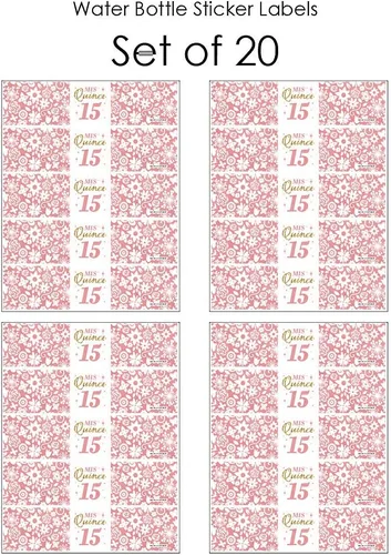 Vista 3 de Big Dot of Happiness Mis Quince Anos - Etiquetas adhesivas para botella de agua para fiesta de cumpleaños de 15 años, juego de 20