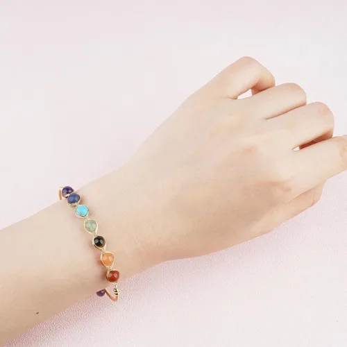 Vista 6 de ASGIFT Pulsera de 7 chakras para mujeres y niñas, cuentas de piedra de cristal curativo, ajustable, yoga, meditación, oro de 14 quilates, joyería