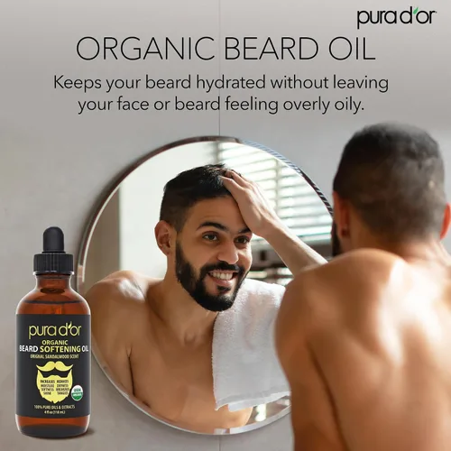 Vista 6 de PURA D'OR Aceite Suavizante para Barba Orgánico de 4 Oz - Aroma Original de Sándalo - Acondicionador que no se enjuaga, Aceite de Argán y Jojoba