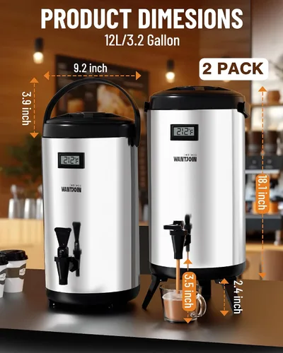Vista 6 de WantJoin Paquete de 2 dispensadores de bebidas aislados, 75 tazas, urna de agua caliente y fría para catering, dispensador de bebidas calientes