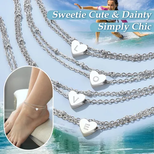 Vista 5 de ChainsProMax Tobillera de corazón elegante, cadena de pie de playa de verano para mujer, pulsera de tobillo inicial de la A a la Z, ajustable