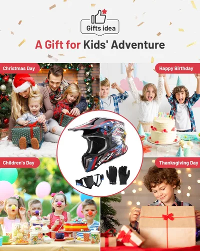 Vista 2 de Youth Dirt Bike Helmet for Boys & Girls with Goggles & Gloves for 8-18 Years Old, DOT Certified Kid ATV Helmet Motocross Off Road
