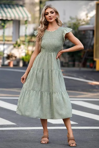 Vista 2 de Hount Vestido midi casual para mujer, manga corta, cintura elástica, vestido fruncido escalonado con bolsillos