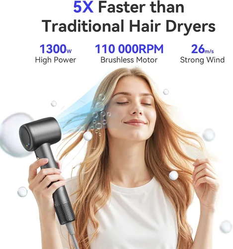 Vista 3 de Secador de Pelo BeautiFlow 110,000 RPM Motor Sin Escobillas de Alta Velocidad Iónico, con Difusor y Boquilla Suavizante, Bajo Nivel de Ruido, Ligero