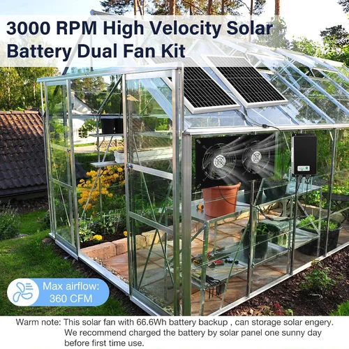 Vista 5 de Kit de 2 ventiladores solares con batería de 66.6 Wh, panel solar de 50 W, ventiladores recargables resistentes a la intemperie para gallinero