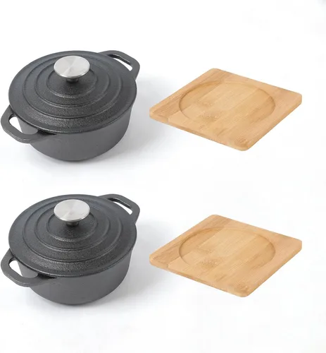 Vista 3 de HAWOK Mini horno holandés de hierro fundido, diámetro 5.51 pulgadas, 23 onzas, con bandeja de bambú, juego de 2, pre-sazonado