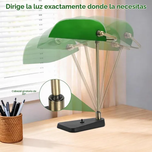 Vista 2 de Lámpara de escritorio Green Bankers, marco de latón antiguo y base